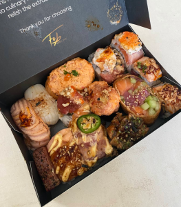 Box of FOB sushi.