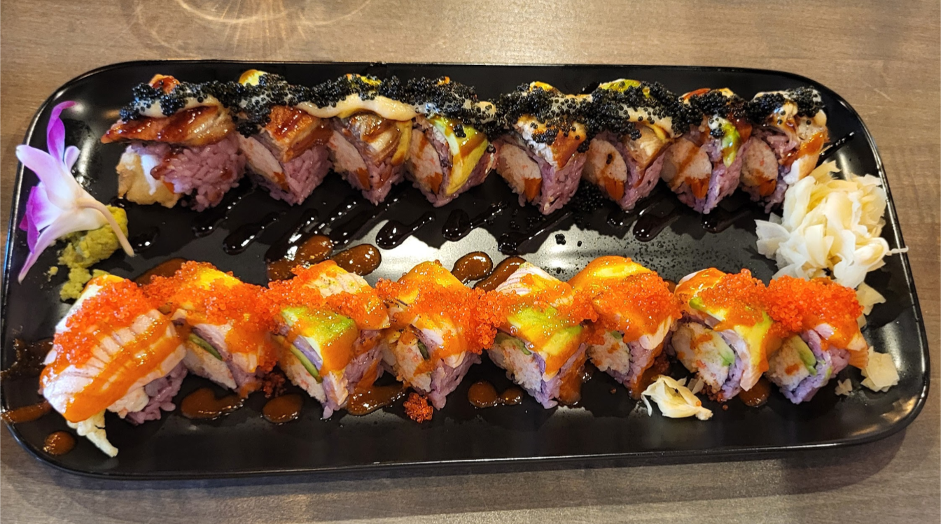 Rolls of sushi at Kuro Sushi.